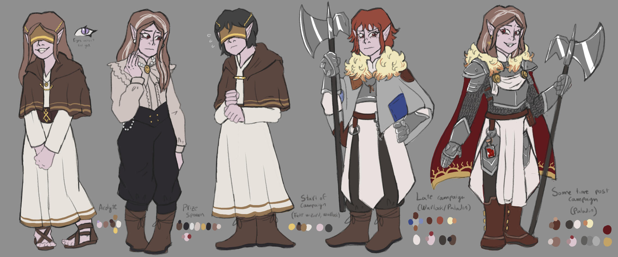 Yvette - Five designs for one of my DND characters // The first two correspond with parts of her backstory, the third and fourth with the events of the campaign and the fifth is an epilogue post-campaign design.