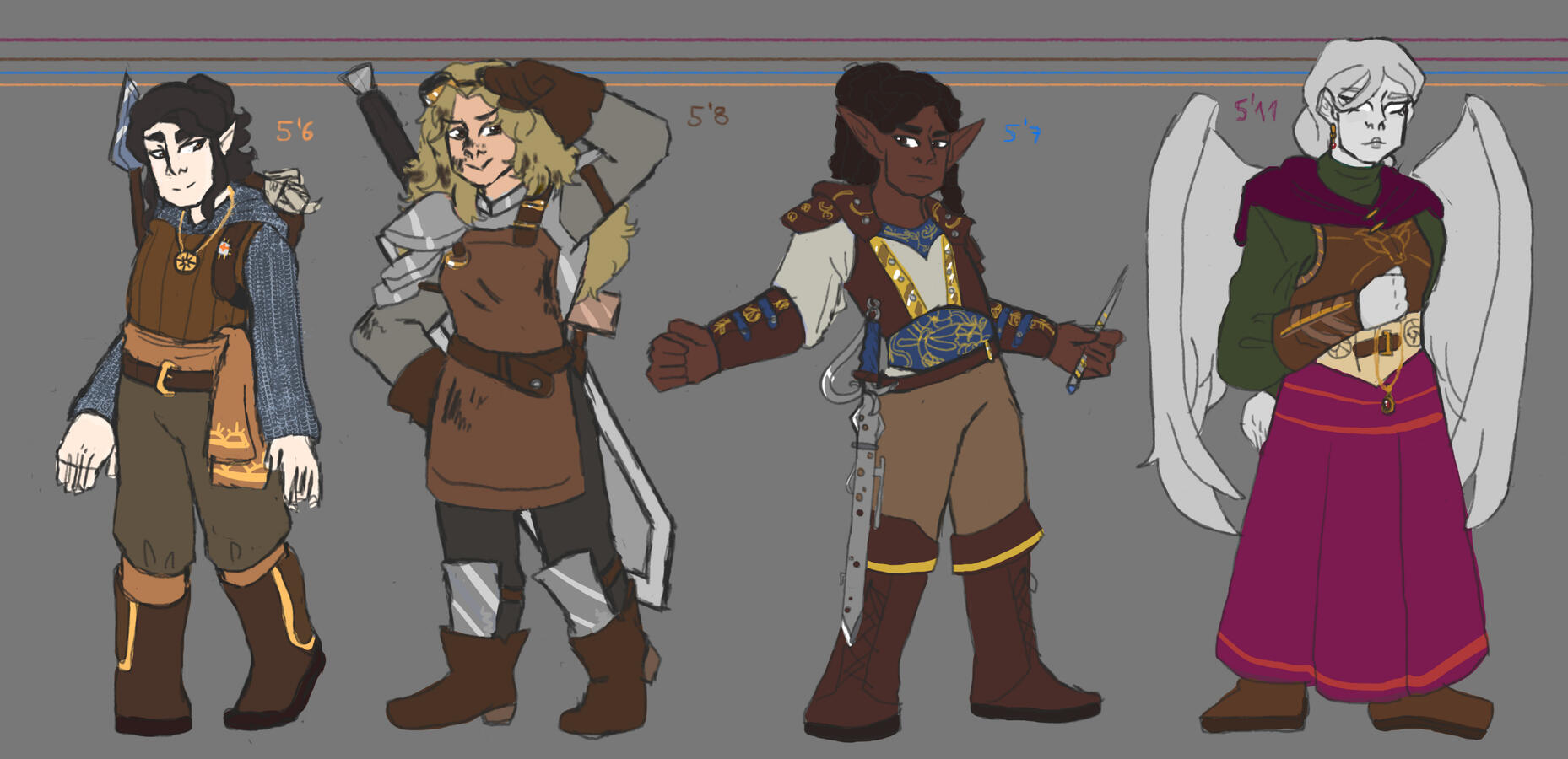 My DND character Cyrus' old party. They're very much a backstory thing, and they're meant to read as a very stock standard RPG party with a healer, a big sword melee fighter and a delicate spellsword... except for the winged girl She's called Viola, and is
