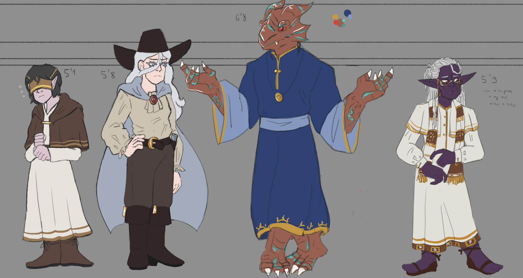 A series of character designs I made loosely based on what i recalled of DM-given NPC descriptions. They're meant to somewhat match with Yvette (left)