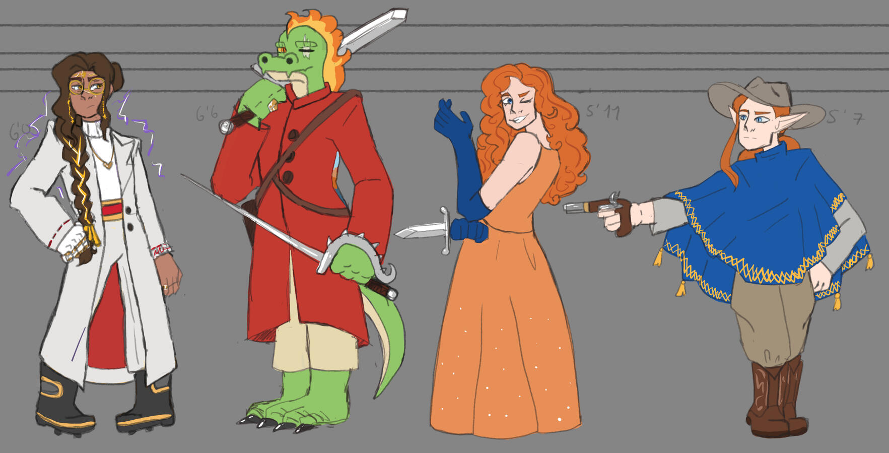 A different series of character designs, featuring two PCs and two NPCs from a campaign!