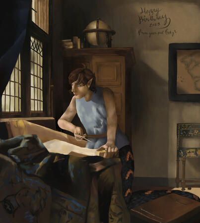 Vermeer&#39;s &quot;The Cartographer&quot;, redrawn to feature my friend&#39;s half-snake character!