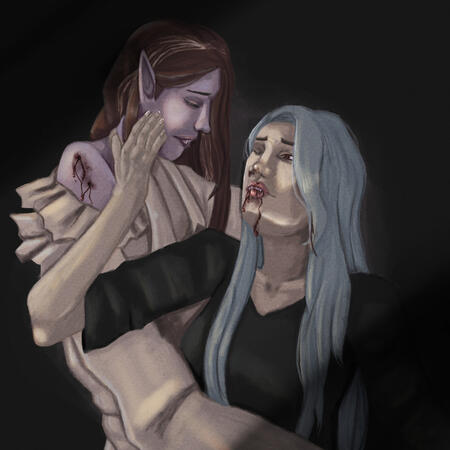 My sorrow and solace // A painted piece featuring my Original Character (Right) and a NPC relevant to her backstory. Also, they&#39;re vampires!