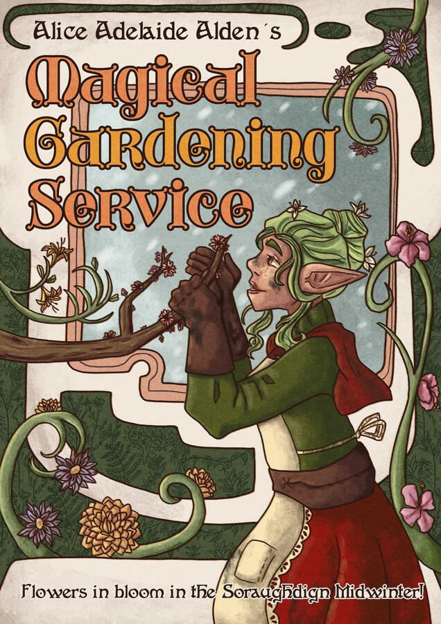 A redraw of a 2022 drawing, featuring my character Alice in an art nouveau style poster