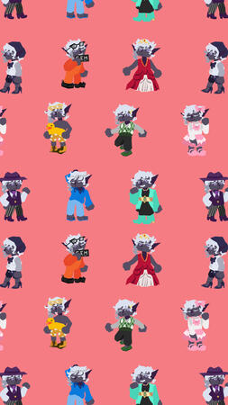 A tileable wallpaper image showcasing a collection of polygonal lasso chibi commissions of my friend and regular&#39;s character in a variety of colorful outfits.