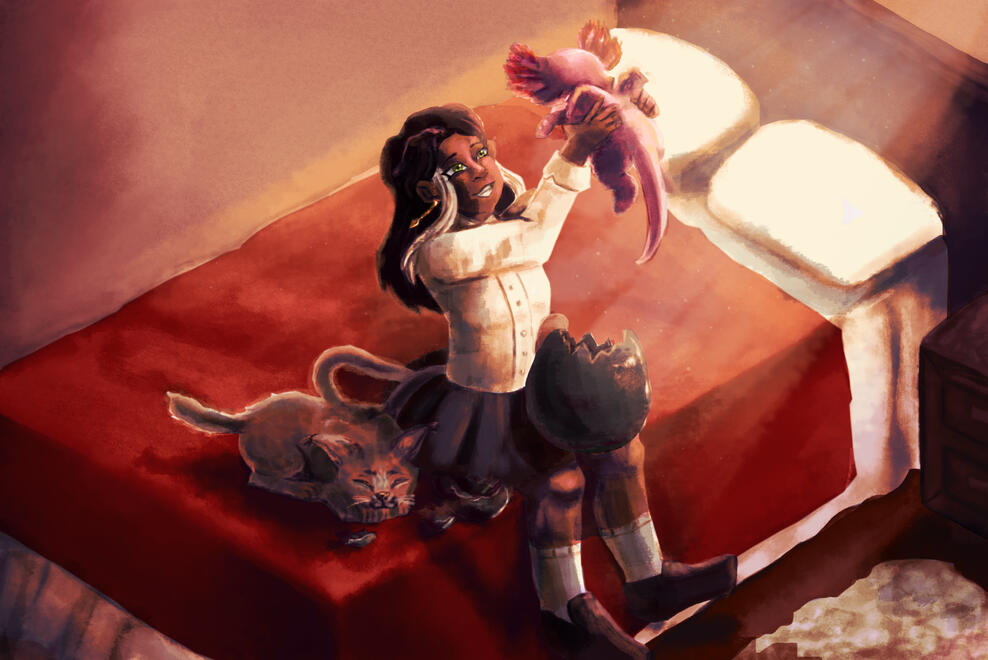 Like a family! // A drawing I made for the April 2025 V-gen challenge, with the prompt &quot;egg&quot;. It&#39;s Blair and her newly hatched baby dragon!