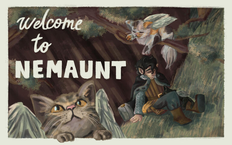 A drawing based on a setting from a DND campaign I&#39;m in. It&#39;s designed to look like a postcard!!