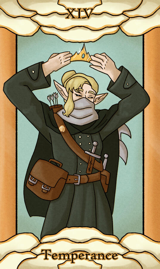 XIV - Temperance // Featuring my character Ashei (she/her). She's a banished princess, who's more than happy with the banished life. So..Temperance. Peace with where you are in life.