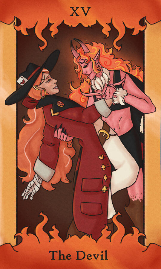 XV - The devil // Featuring Red (She/her, left) and Alizarin (she/her, right). One a mortal woman with an icredible lucky streak and a penchant for evil, chaos and gambling, the first lost bargain of her life was with a devil who wound up claiming her soul