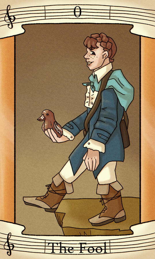 0 - The Fool // Featuring my friend's character Astrum (he/him). He's a silly foolish bard, ignorant of what he's getting himself into when he acts. He should know better, but we love him regardless.