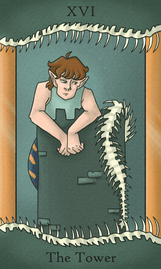 XVI - The Tower // Featuring my friend's charater Mossetra (he/him), a Yuan-ti malison with a history of having been dead for eighty years. The tail is non literal, we just thought skeletal imagery would be cool on the card.