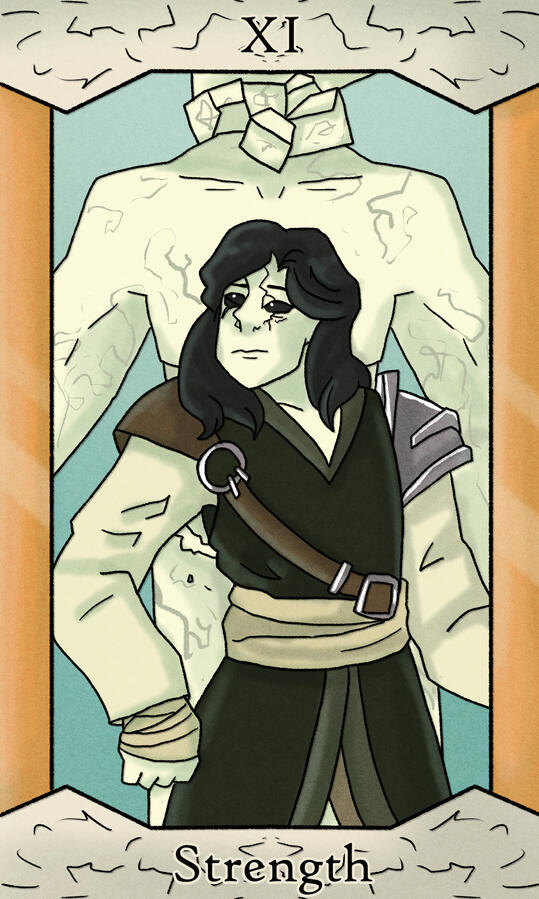XI - Strength // Featuring my friend's character Rook (they/them), a pit fighter lost aasimar with their weird guardian angel, who speaks in a language they don't even understand.