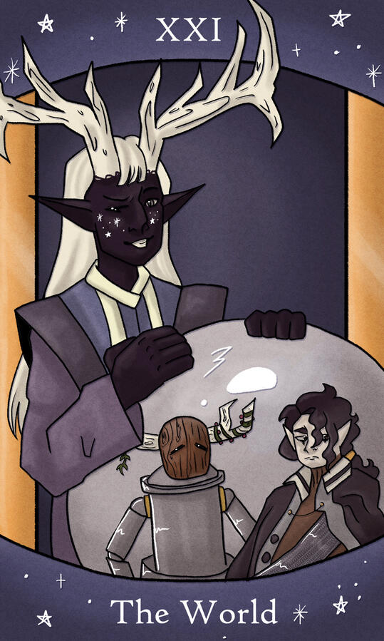 XXI - The World // Featuring the only Major arcana NPC, the Astral (he/him), and future PCs BR-1M (they/them) and Cyrus (he/him). We have... some DM vagueposting, and two PC backstories. I didn't have ANY other info to work off of :). Still one of my favo