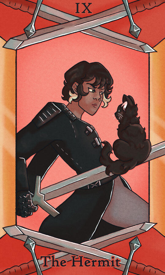 IX - The Hermit // Featuring my character Blair (She/her). She's a swordfighting leather jacket wearing wizard, with a side-hobby of being a cat.