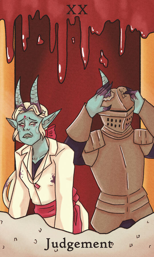 XX - Judgement // Featuring Astra (She/her, left) and Arandel (they/them, right). She was once an engineer and they were once a weaponsmith, but due to a long story involving the White Witch and the lord of Cania, they're now blue and miserable!