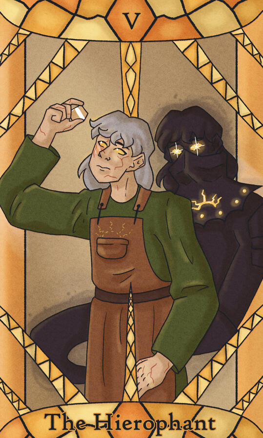 V - The Hierophant // Featuring my friend's character Iyukal, wingless aasimar of a sun goddess with a cool blessed magic shadow, and now hobbyist glass artist.