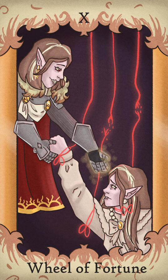 X - Wheel of Fortune // Featuring my vampire spawn character Yvette (she/her) both before and after the events of her campaign. After taking down her evil master, she's taking to healing bit by bit.