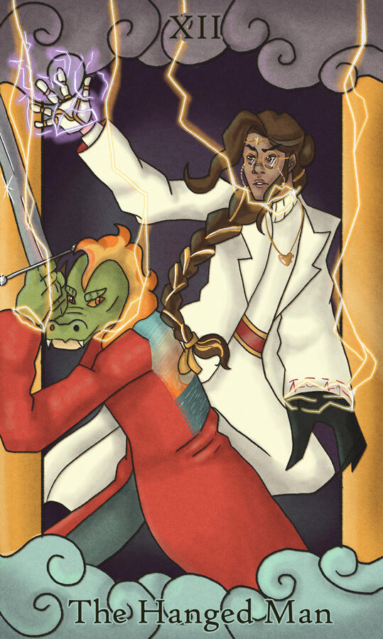 XII - The Hanged Man // Featuring my character Narindra (They/them, top) and my friend's character Raz (They/them, bottom). It does not escape my notice that neither of them are men. The lore here is so dense I'm not even going to attempt to summarize it.