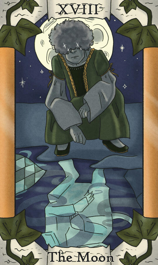 XVIII - The Moon // Featuring my friend's character, The Knight of Ivy (They/them), a changeling anthropologist who uses their shapeshifting to go around lying to people and finding out about their business.