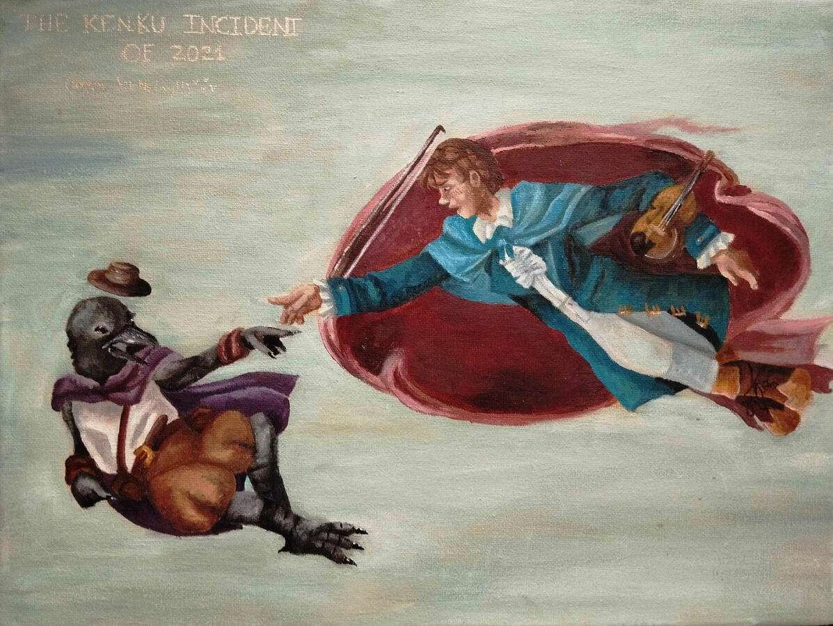 Michelangelo's "The creation of Adam", but it's based on the time my party's bard threw a kenku off a cliff. // Oil on canvas, drawn for my friend's birthday.