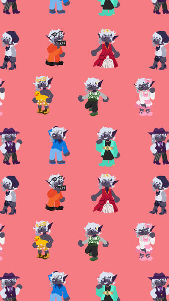 A tileable wallpaper image showcasing a collection of polygonal lasso chibi commissions of my friend and regular's character in a variety of colorful outfits.