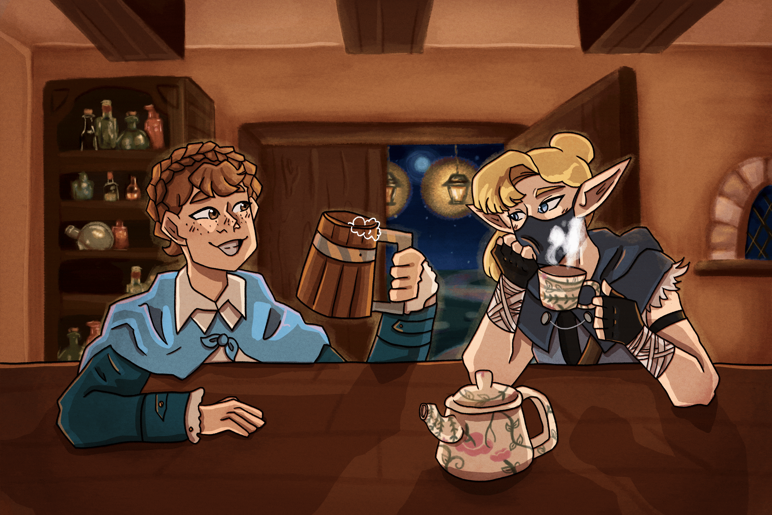 A redraw of an old artwork from 2021, featuring my elven rogue and my friend's human bard, sharing drinks at a tavern! (Quality diminished due to the gif format and website file size limit!)